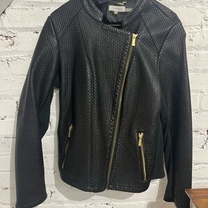 Calvin Klein Black Faux Leather Motto Jacket Textured Women’s Medium